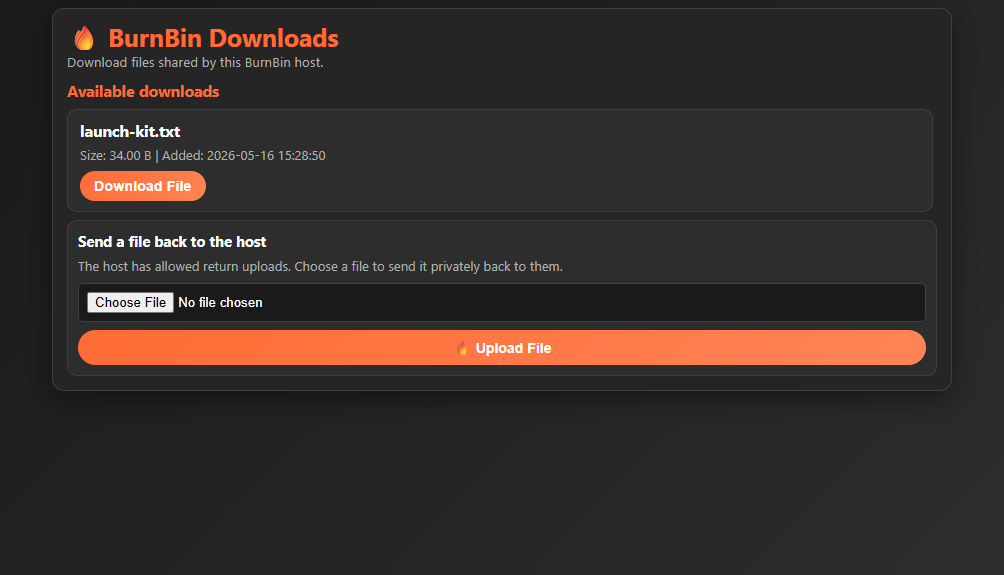 BurnBin viewer page with return upload controls enabled